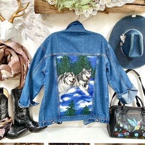 Upcycled WOLF wildlife jean boho jacket w southwestern country vibe